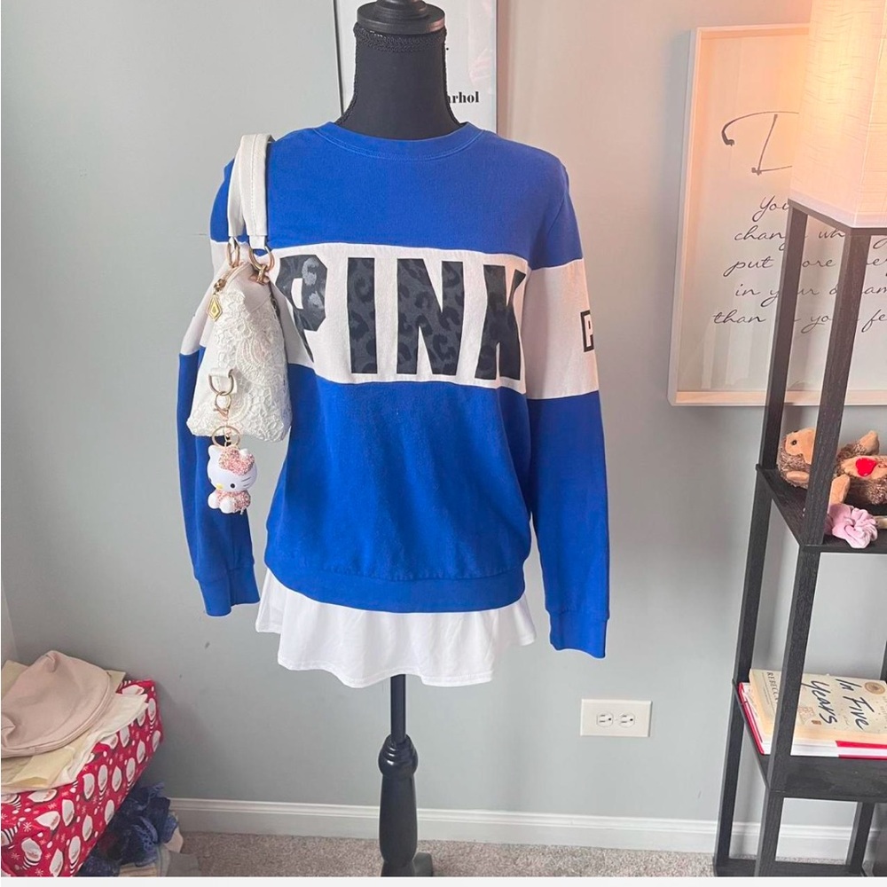 Victoria secret PINK blue crewneck sweater with leopard print black in PINK logo